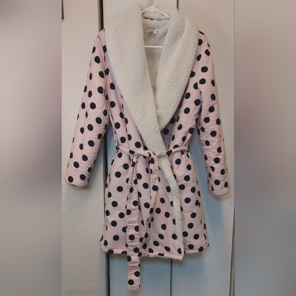 Boden Fuzzy Dressing Gown Robe Size Medium Polka-dot Pink Black Cozy Comfy Warm - Picture 13 of 13